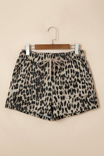 Brown Retro Leopard Print Lace - up Elastic Waistband Mid Rise Denim Shorts - Loving It Shop