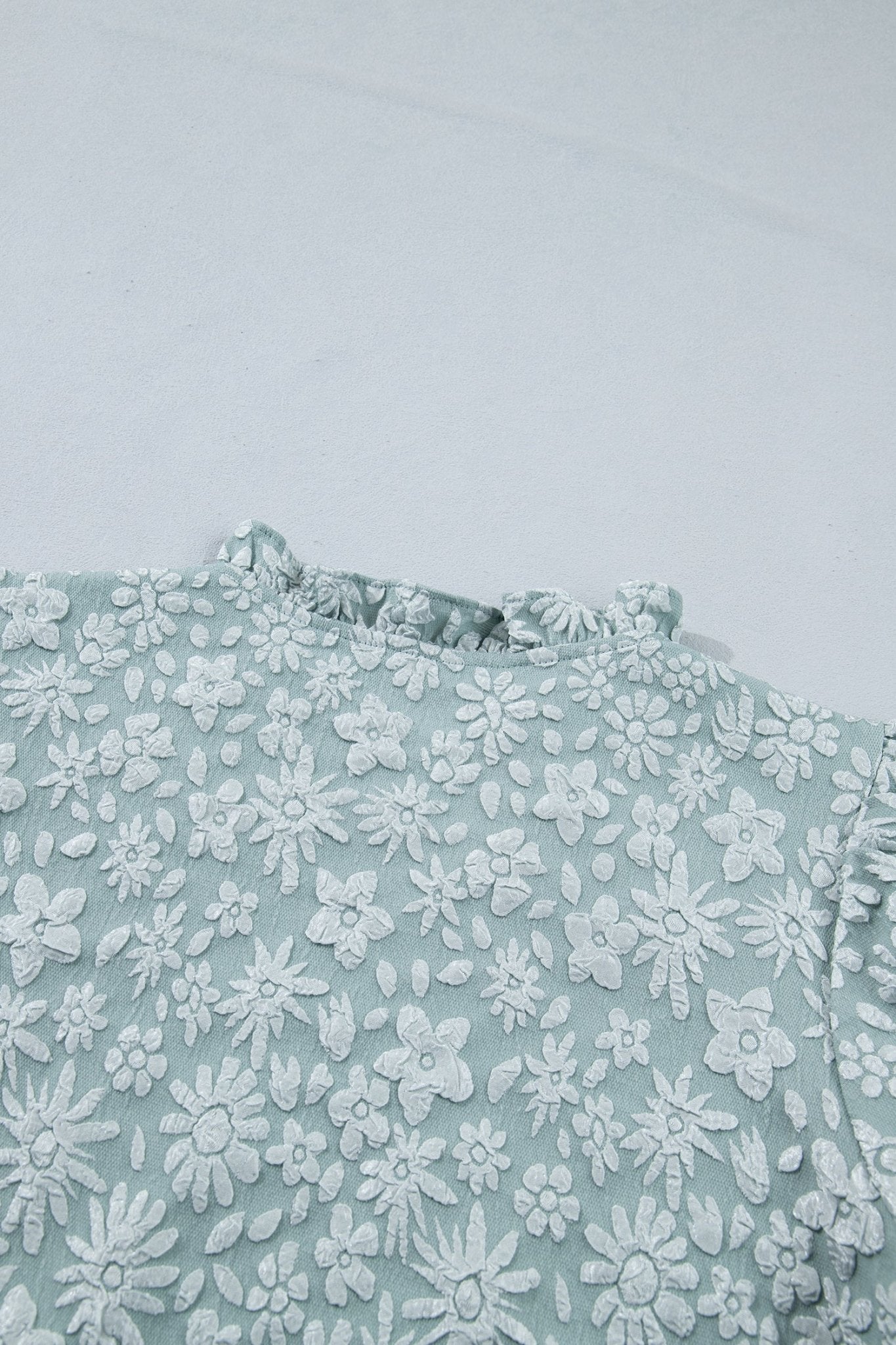 Iceland Blue Floral Textured Jacquard Puff Sleeve Blouse - Loving It Shop