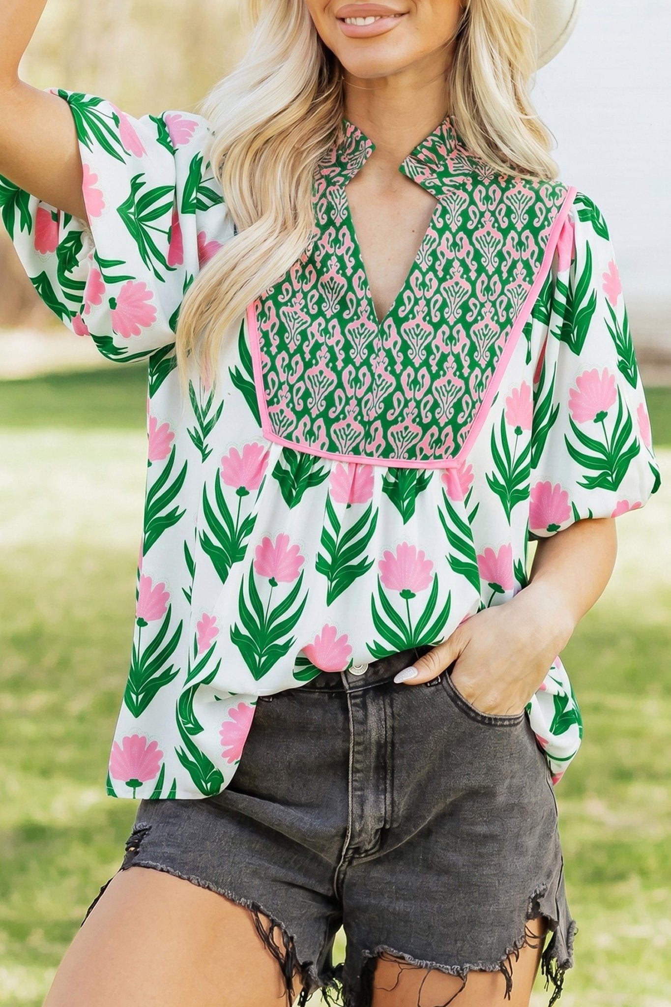 Multicolour Floral Print Puff Sleeve Contrast Bordered V Neck Blouse - Loving It Shop