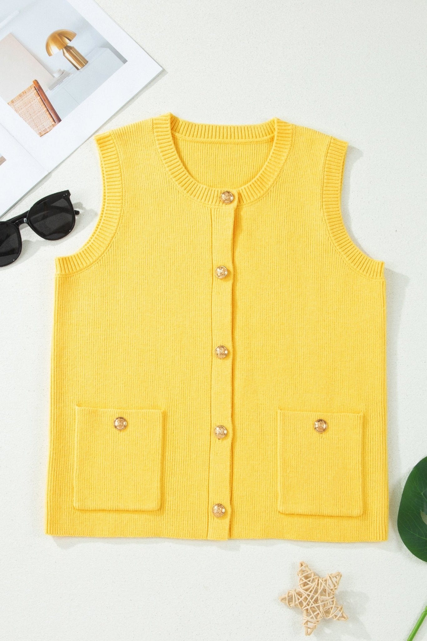 Yellow Cream Solid Color Sleeveless Knit Button Pocketed Sweater - Loving It Shop
