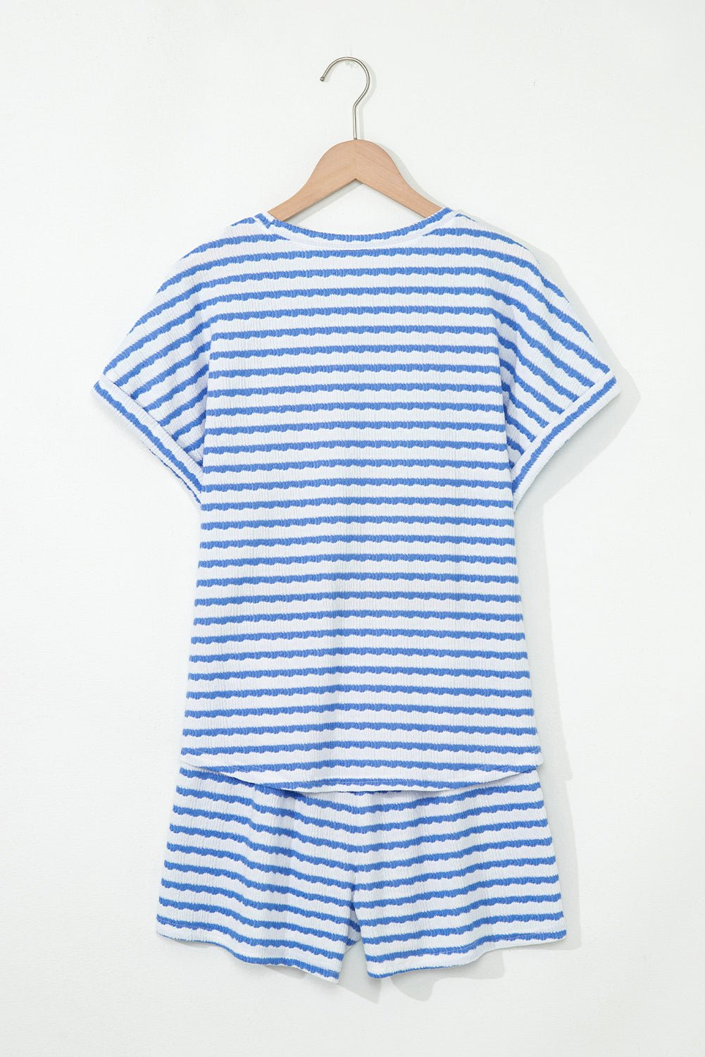 Sky Blue Stripe Knitted Short Sleeve Top and Drawstring Shorts Set - Loving It Shop