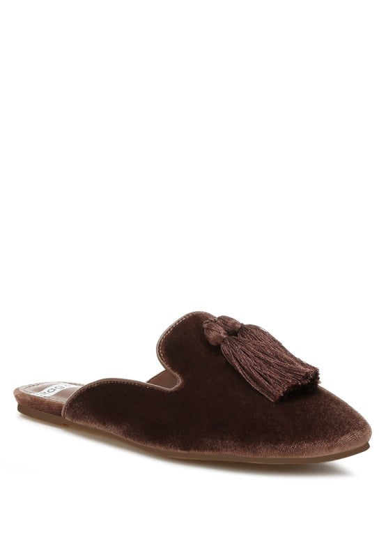Cardinal Tassel Detail Velvet Mules
