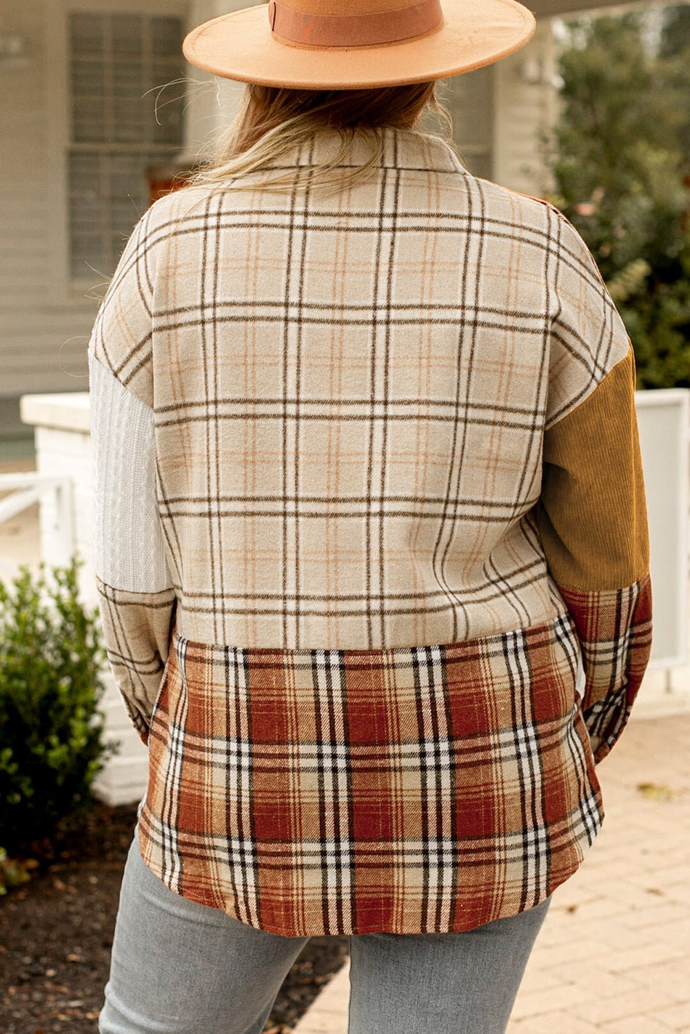 Golden Apricot Plus Size Plaid Patchwork Button up Shacket - Loving It Shop
