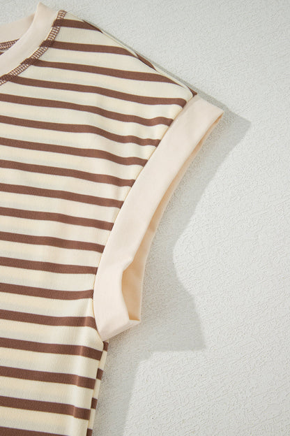 Brown Stripe Half Buttons Top and Shorts Set