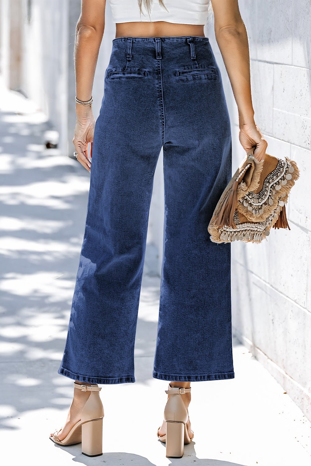 Sail Blue High Waist Button Front Wide Leg Cropped Jeans - Loving It Shop