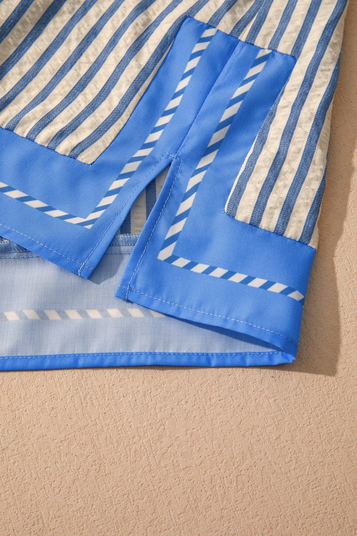 Sky Blue Stripe Color Block Detail V Neck Short Sleeve Blouse - Loving It Shop