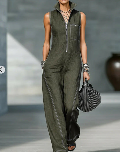 Stand-up Collar Jumpsuit With Pockets Summer Fashion Casual Sleeveless Jumpsuit Trousers Women&