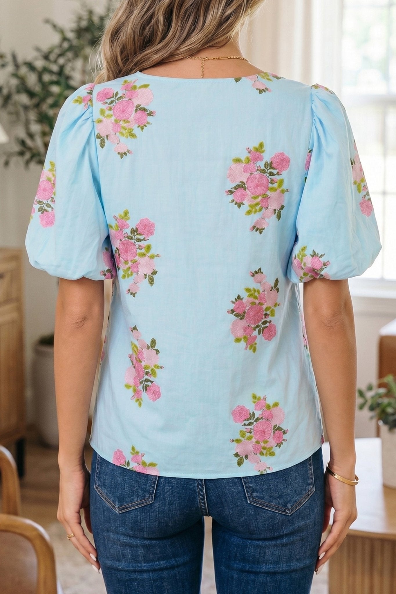 Sky Blue Floral Printed Contrast Ricrac Detail Bubble Sleeve Blouse - Loving It Shop