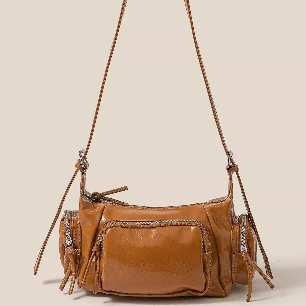 Glossy Faux Leather Multi Pocket Hand Bag