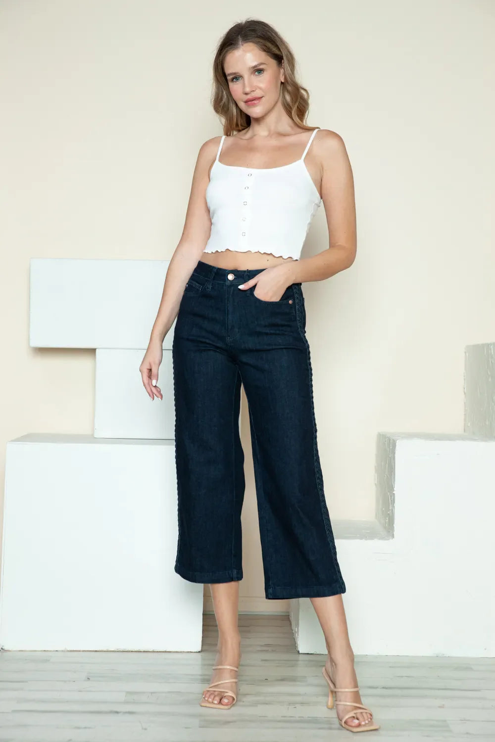Full Size Side Seam Braid Detail Crop Wide Leg Jeans