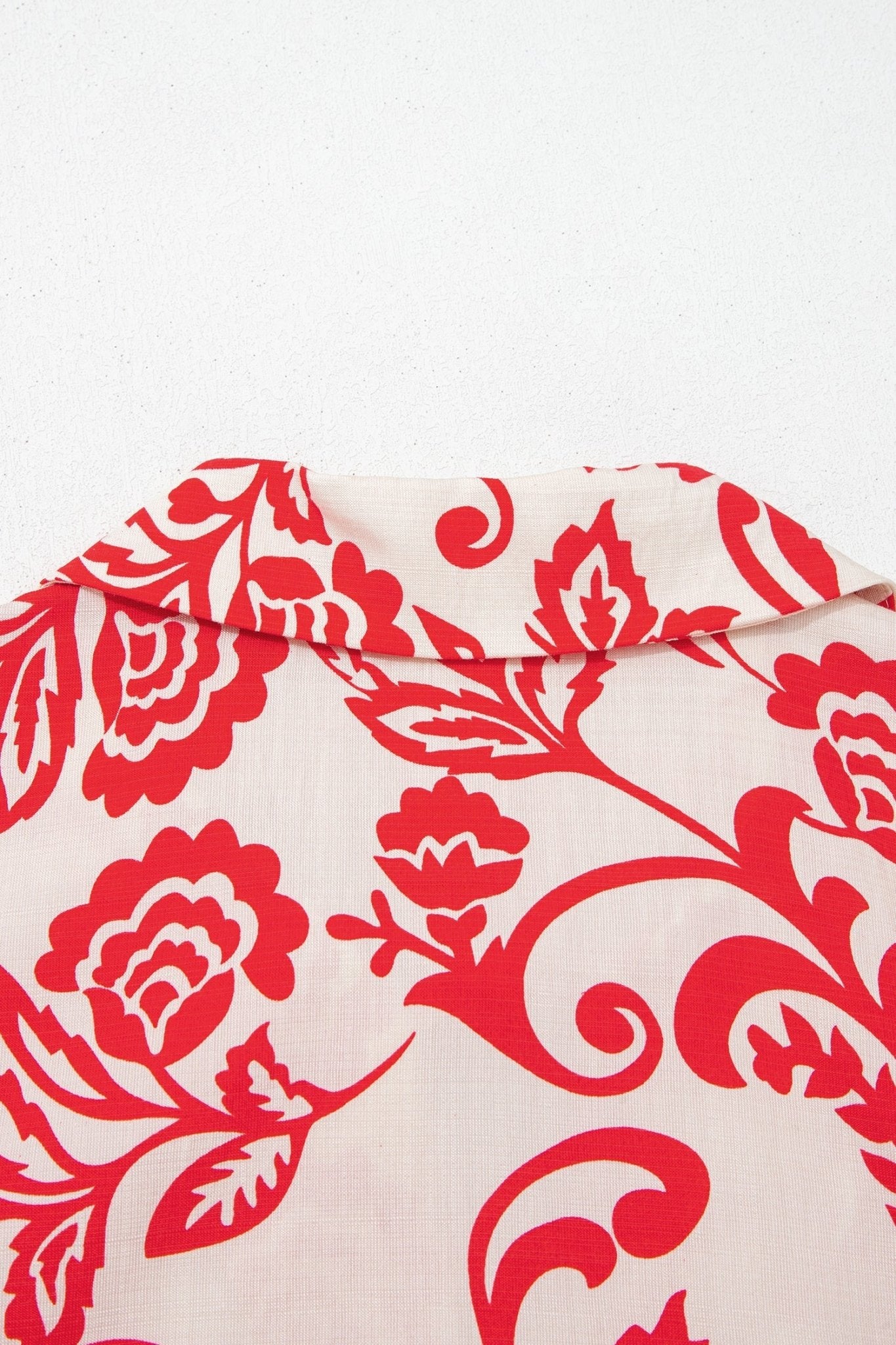Red Collared V Neck Half Sleeve Loose Flower Mini Dress - Loving It Shop