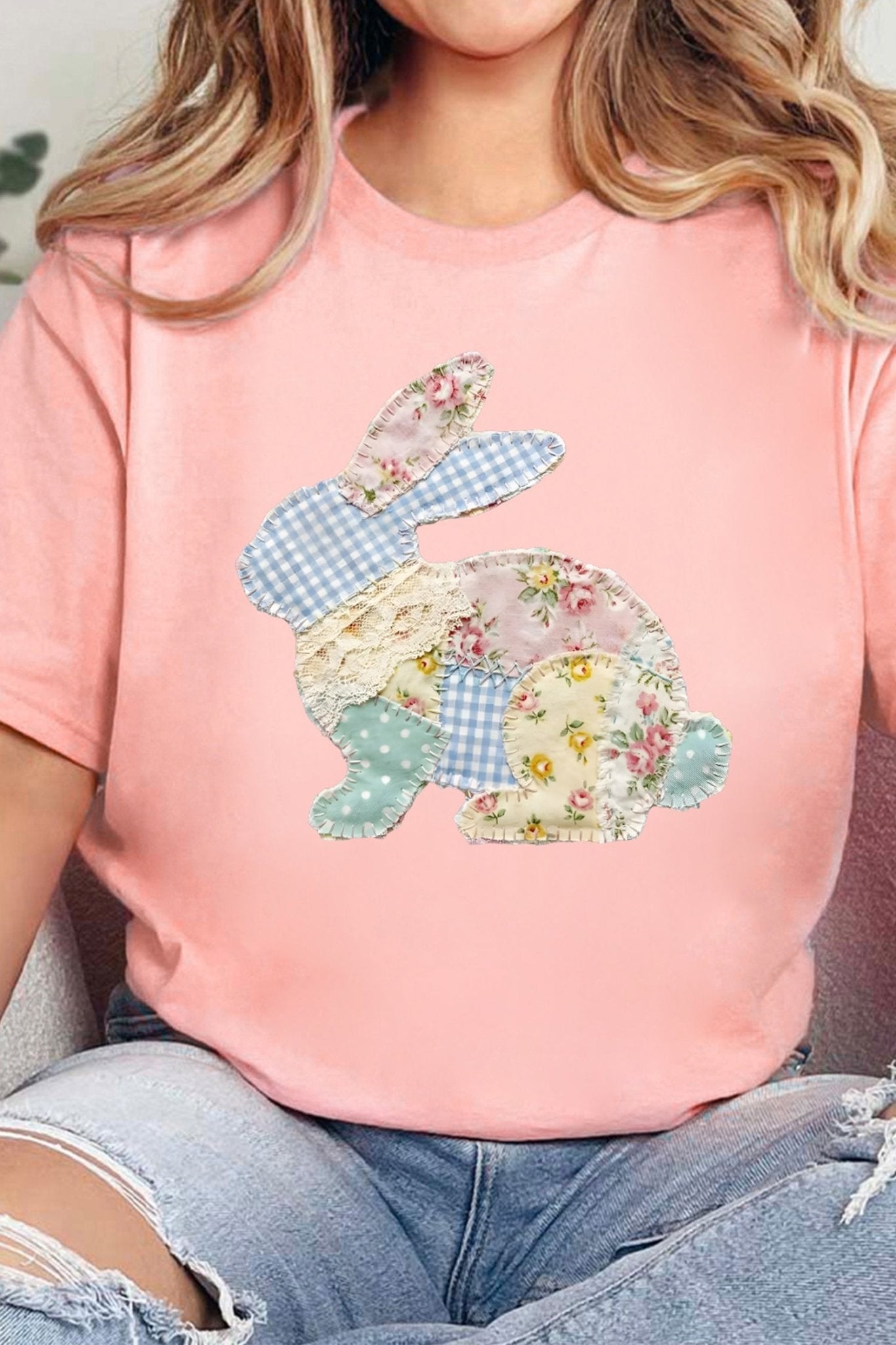 Pink Vibrant Easter Bunny Patchwork Printed T Shirt - Loving It Shop