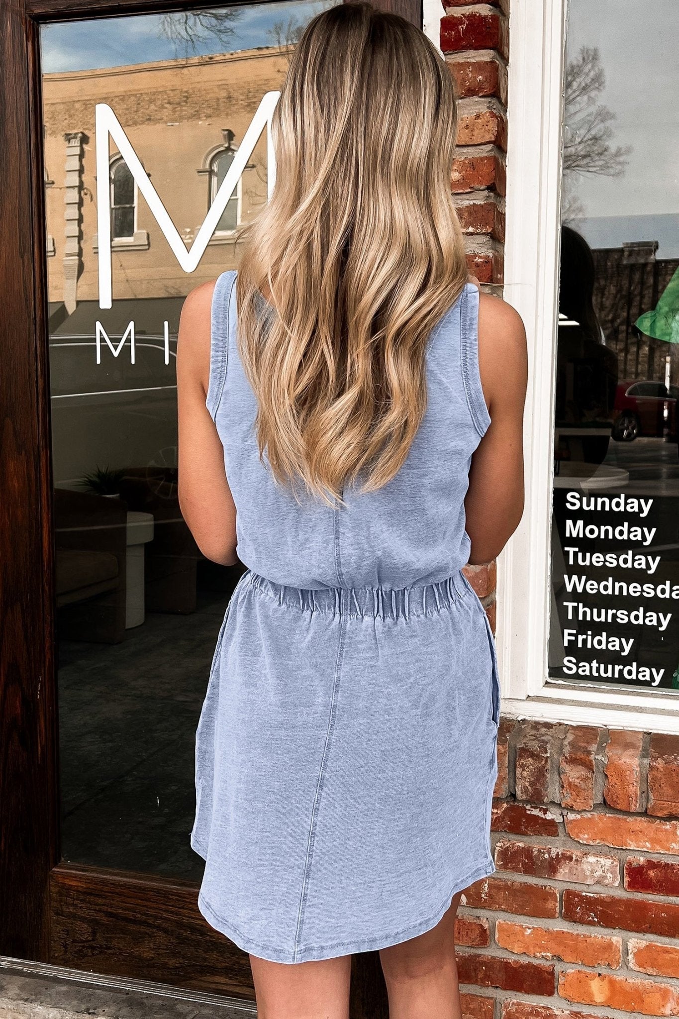 Ashleigh Blue Mineral Wash U Neck Elastic Waist Sleeveless Mini Dress - Loving It Shop