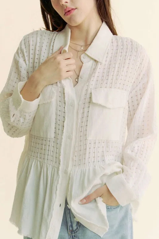 Davi &amp; Dani Garment Washed Jacquard Button Front Shirt
