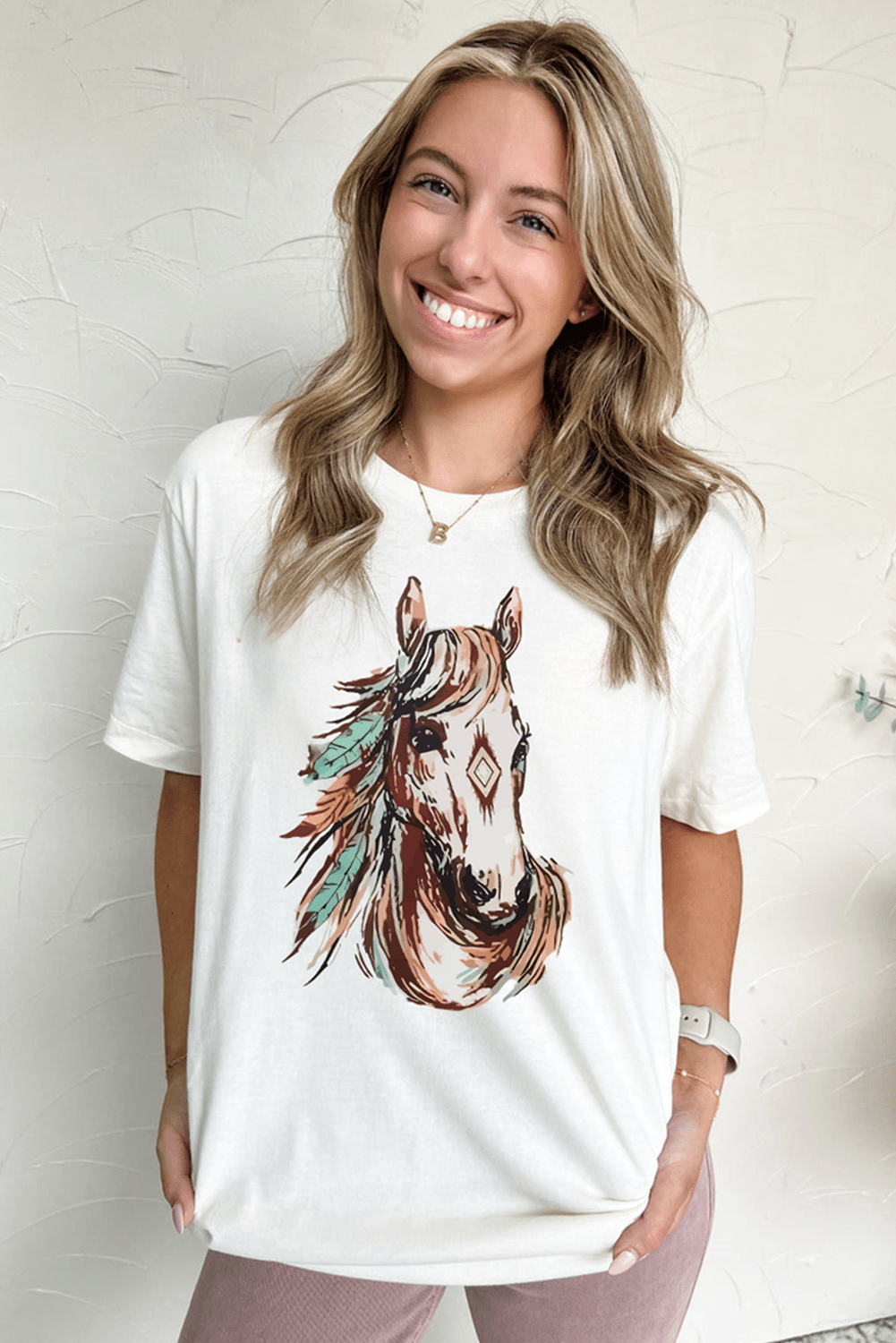 White Western Aztec Horse Graphic Crewneck Tee - Loving It Shop