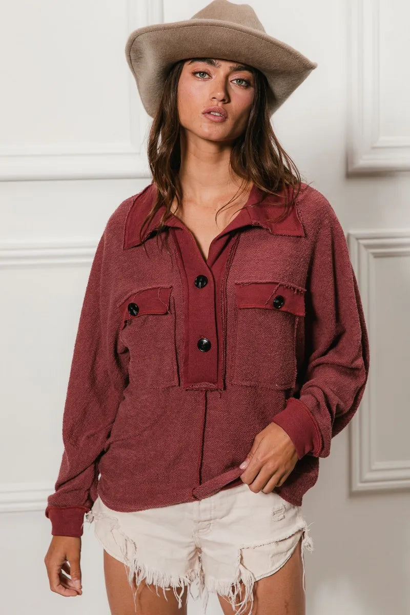 Cp French Terry Cut Edge Detail Collared Top