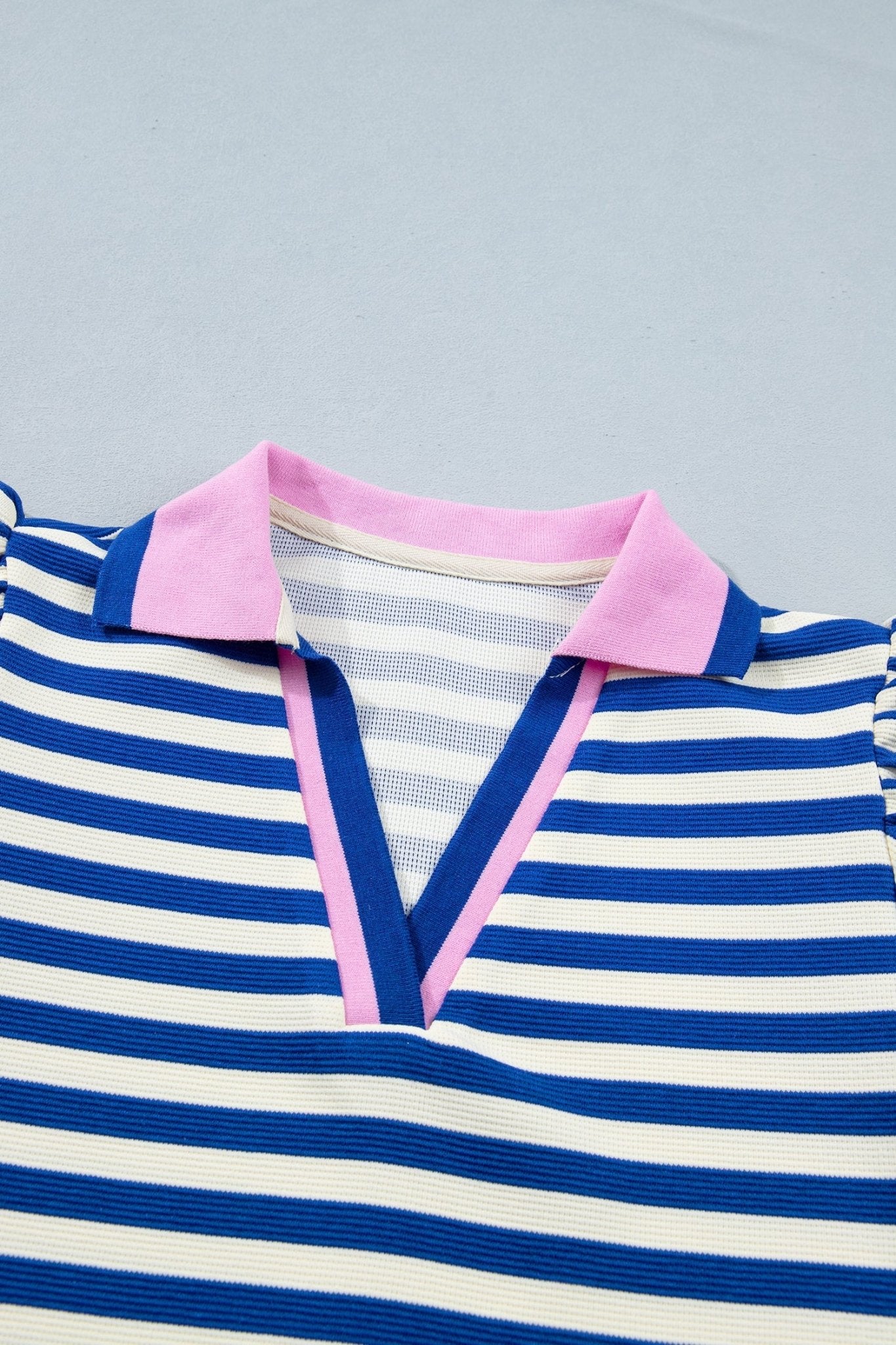 Blue Stripe Contrast Trim Polo Collar Ruffled Short Sleeve Blouse - Loving It Shop