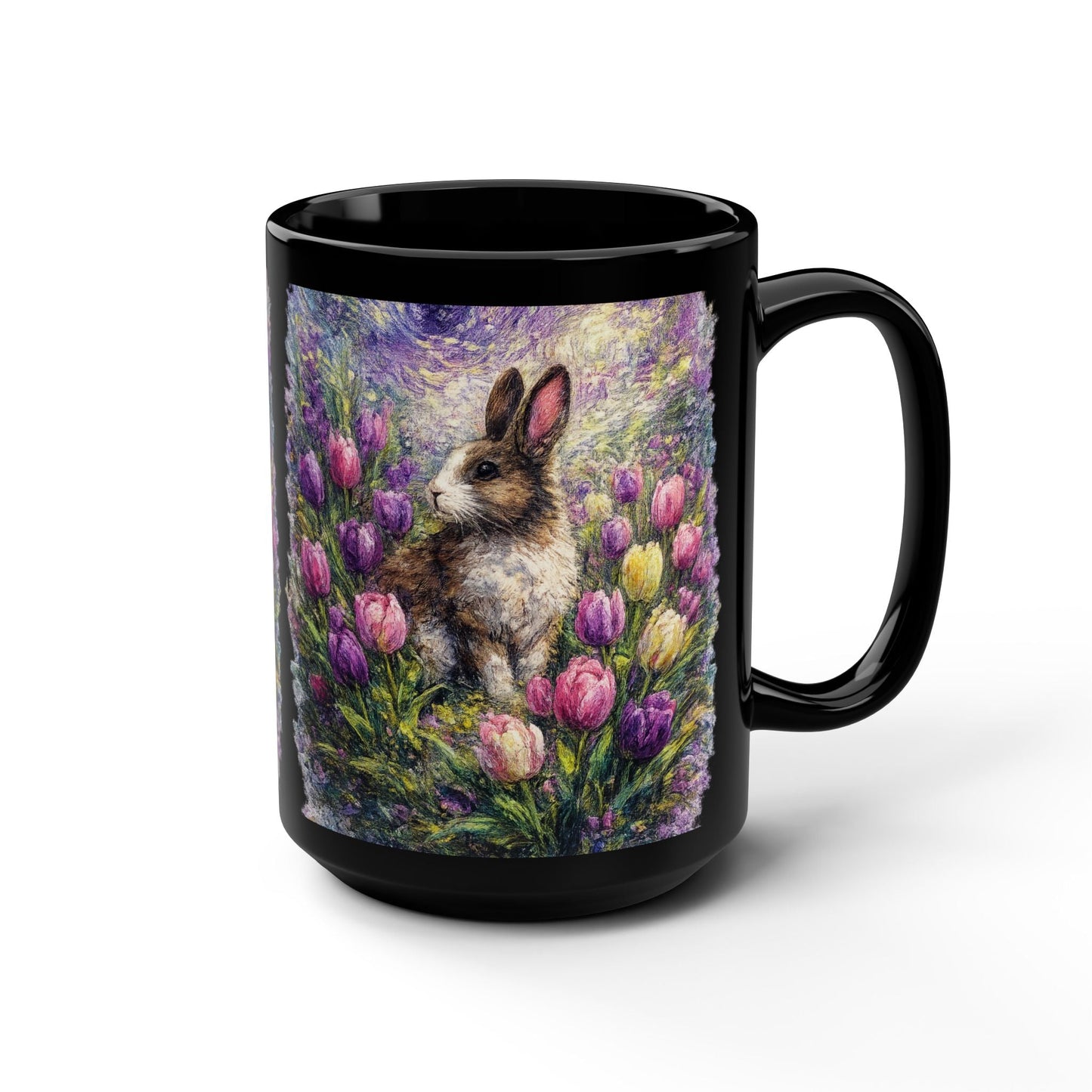 Floral Bunny Illustration Mug | Black Ceramic 15oz
