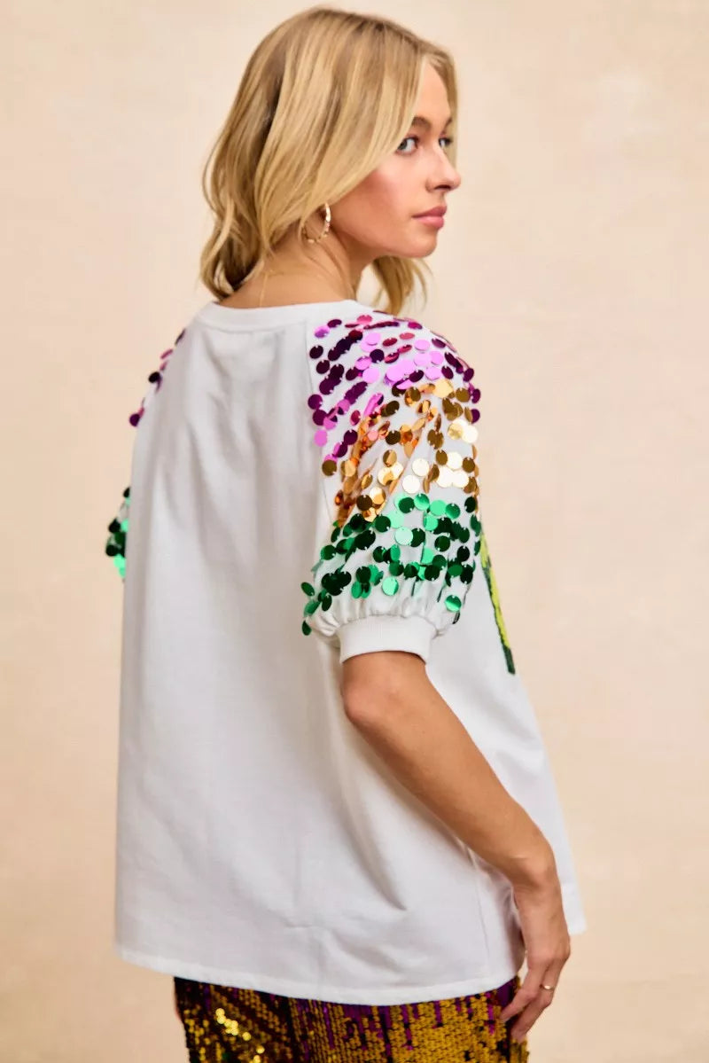 Sequin Mardi Gras Bottles Spangled Sleeve Top