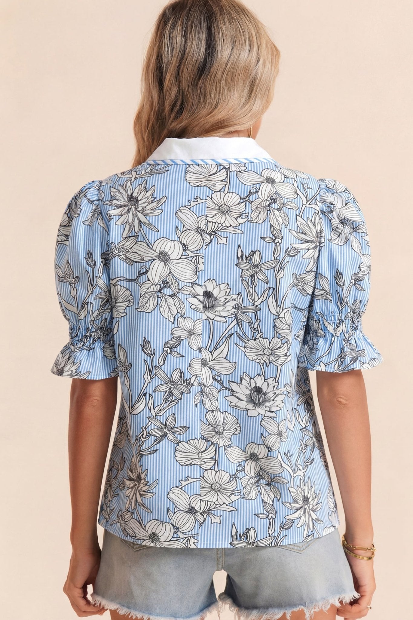 Sky Blue Floral Striped Printed Polo Collar Short Sleeve Blouse - Loving It Shop