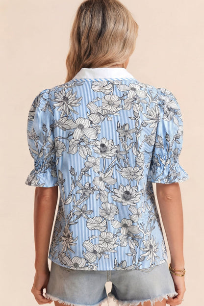Sky Blue Floral Striped Printed Polo Collar Short Sleeve Blouse - Loving It Shop