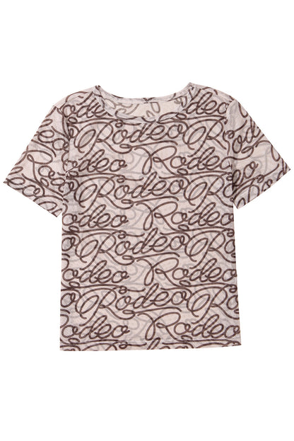 Brown Rodeo Print Round Neck Slim Fit Mesh T Shirt