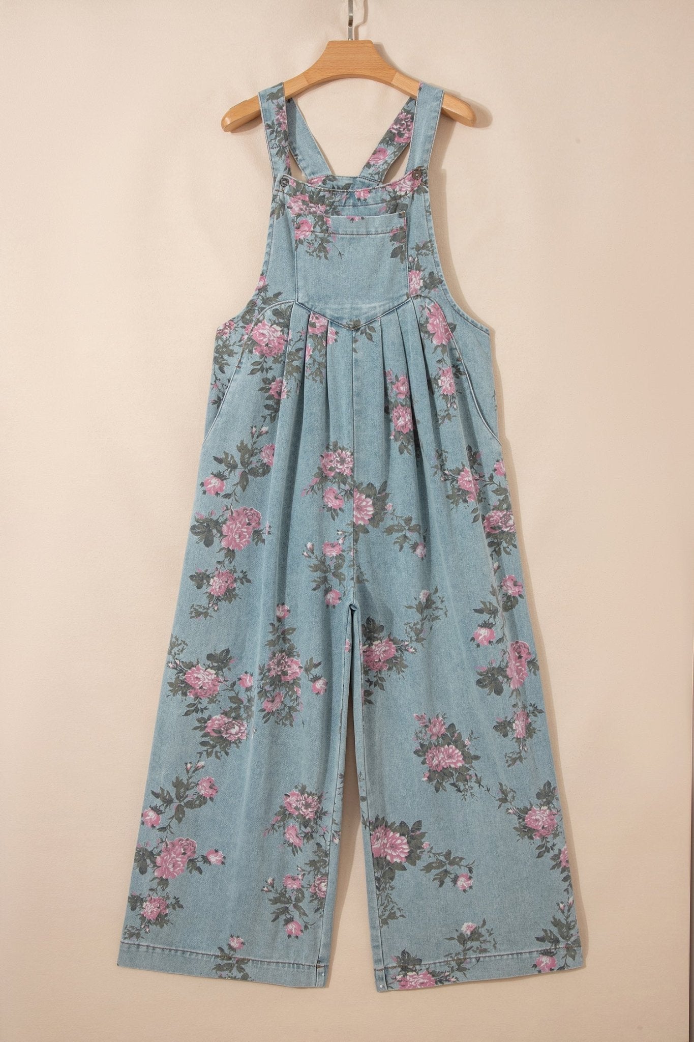 Beau Blue Floral Print Pleated High Waist Wide Leg Denim Jumpsuit - Loving It Shop