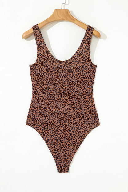Brown Leopard Printed Sleeveless Scoop Neck Bodysuit