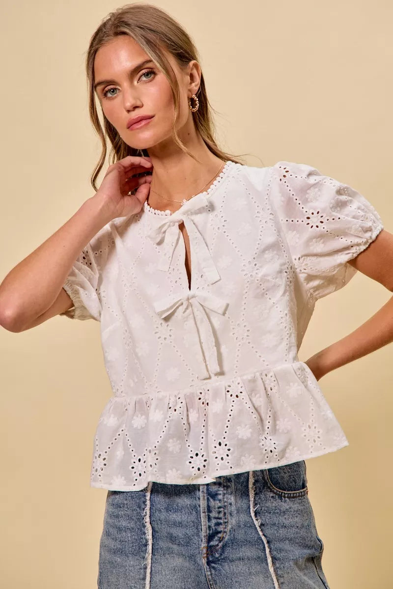 Cotton Eyelet Front Tie Short Sleeves Blouse