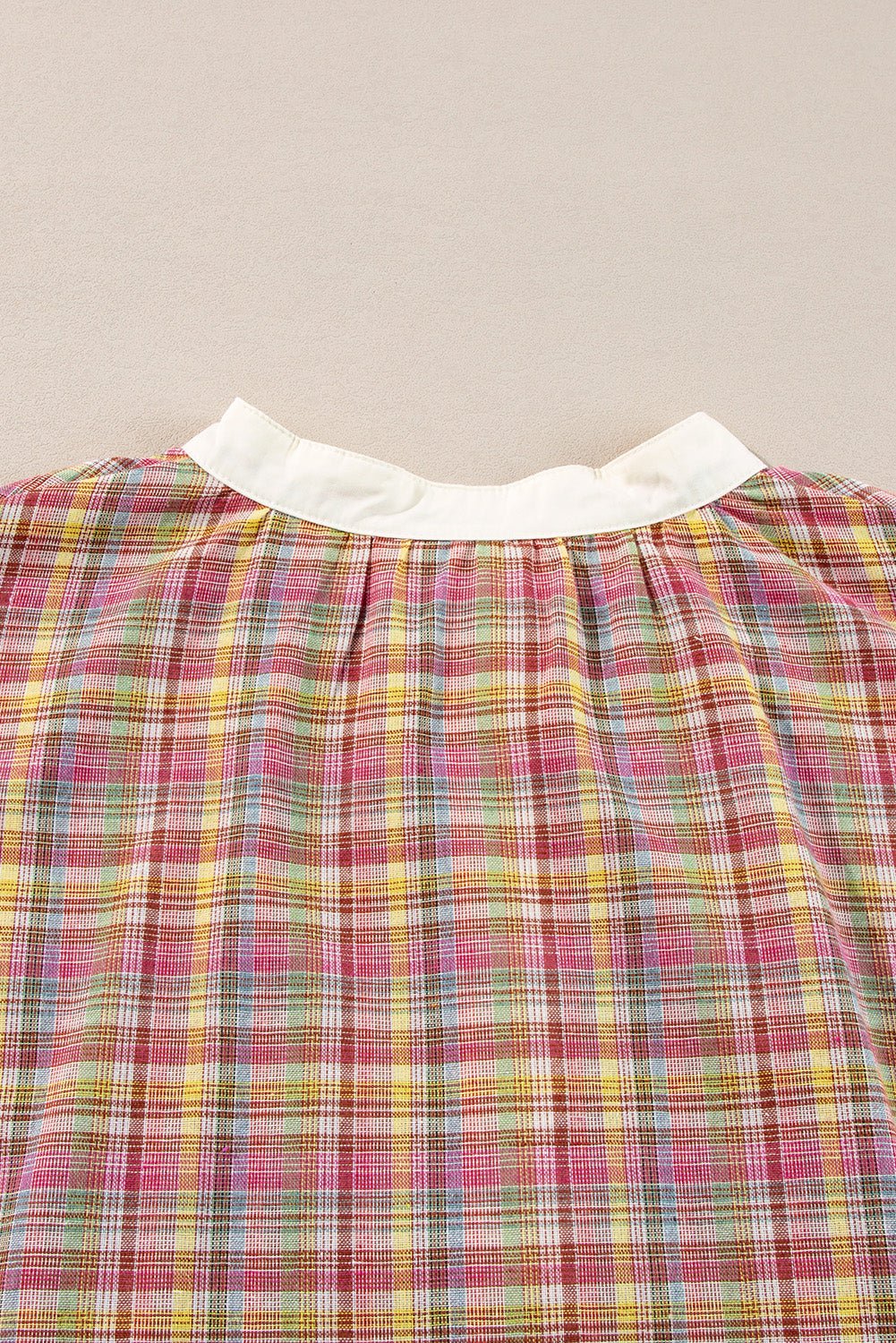 Pink Colorblock Plaid Patchwork Henley Blouse - Loving It Shop