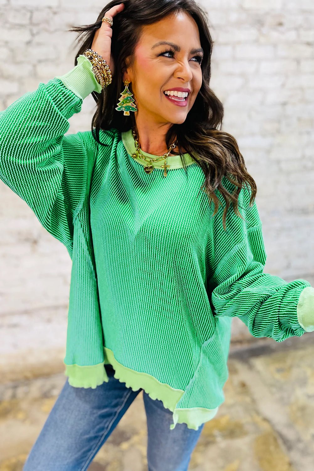 Bright Green Twisted Rib Uneven Hem Drop Shoulder Loose Knit Top - Loving It Shop