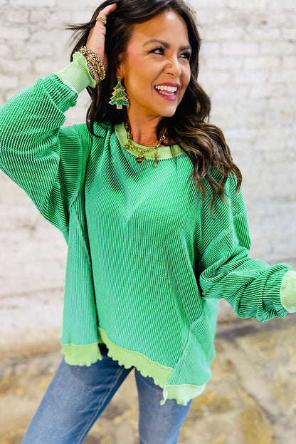 Bright Green Twisted Rib Uneven Hem Drop Shoulder Loose Knit Top - Loving It Shop
