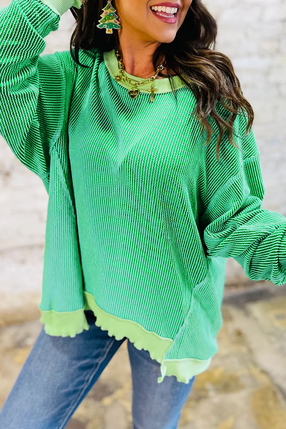 Bright Green Twisted Rib Uneven Hem Drop Shoulder Loose Knit Top - Loving It Shop