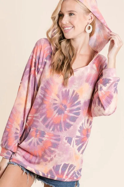 Circular Tie Dye Print Terry Hoodie with Kangaroo