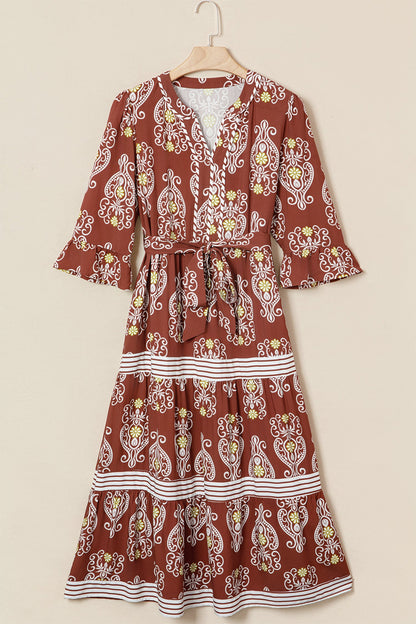 Brown Floral Print Belted Striped Trim Tiered Maxi Dress