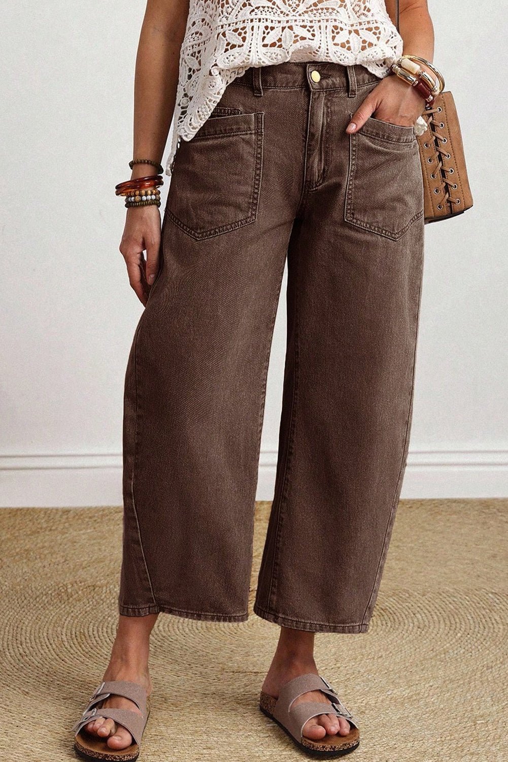 Coffee Solid Color Square Patch Pocket Ankle - length Barrel Jeans - Loving It Shop