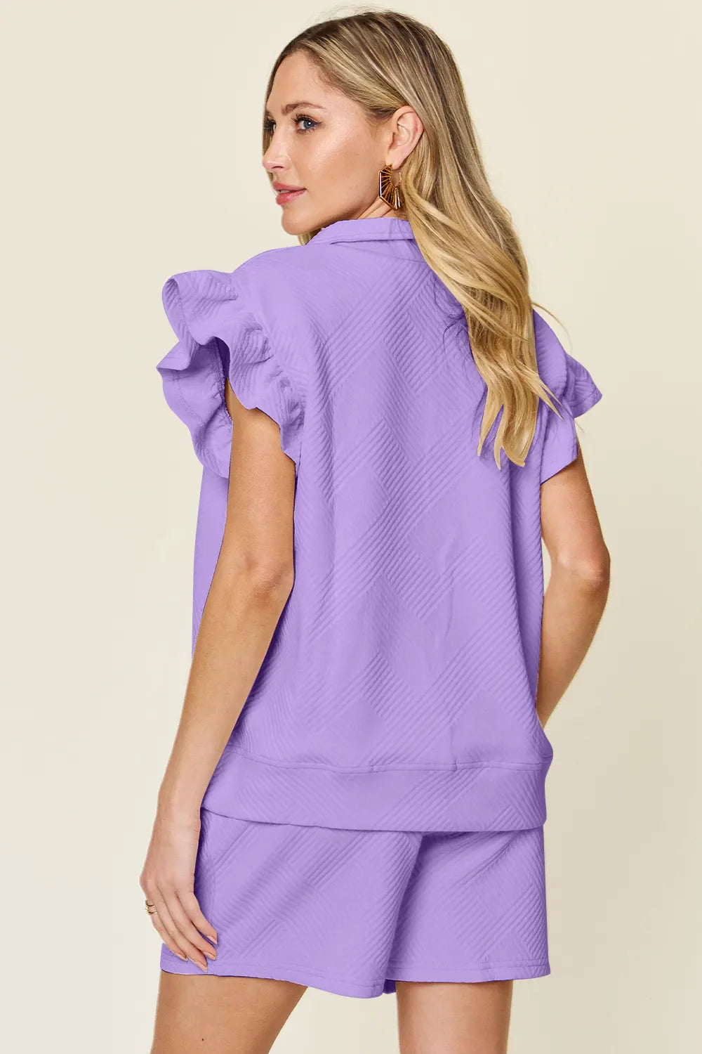 I am a Fashion Junky Full Size Texture Flounce Sleeve Top and Drawstring Shorts Set