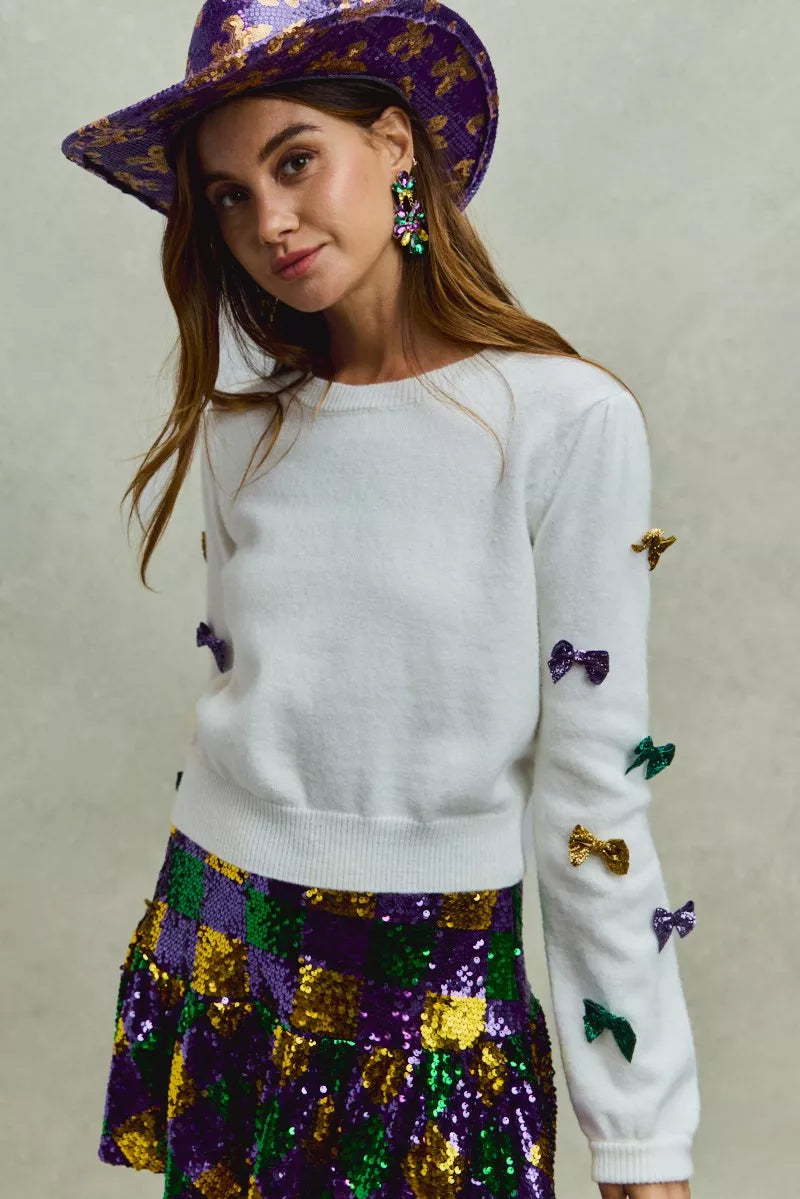 Mardi Gras Glitter Bow Ribbon Sweater Knit Top