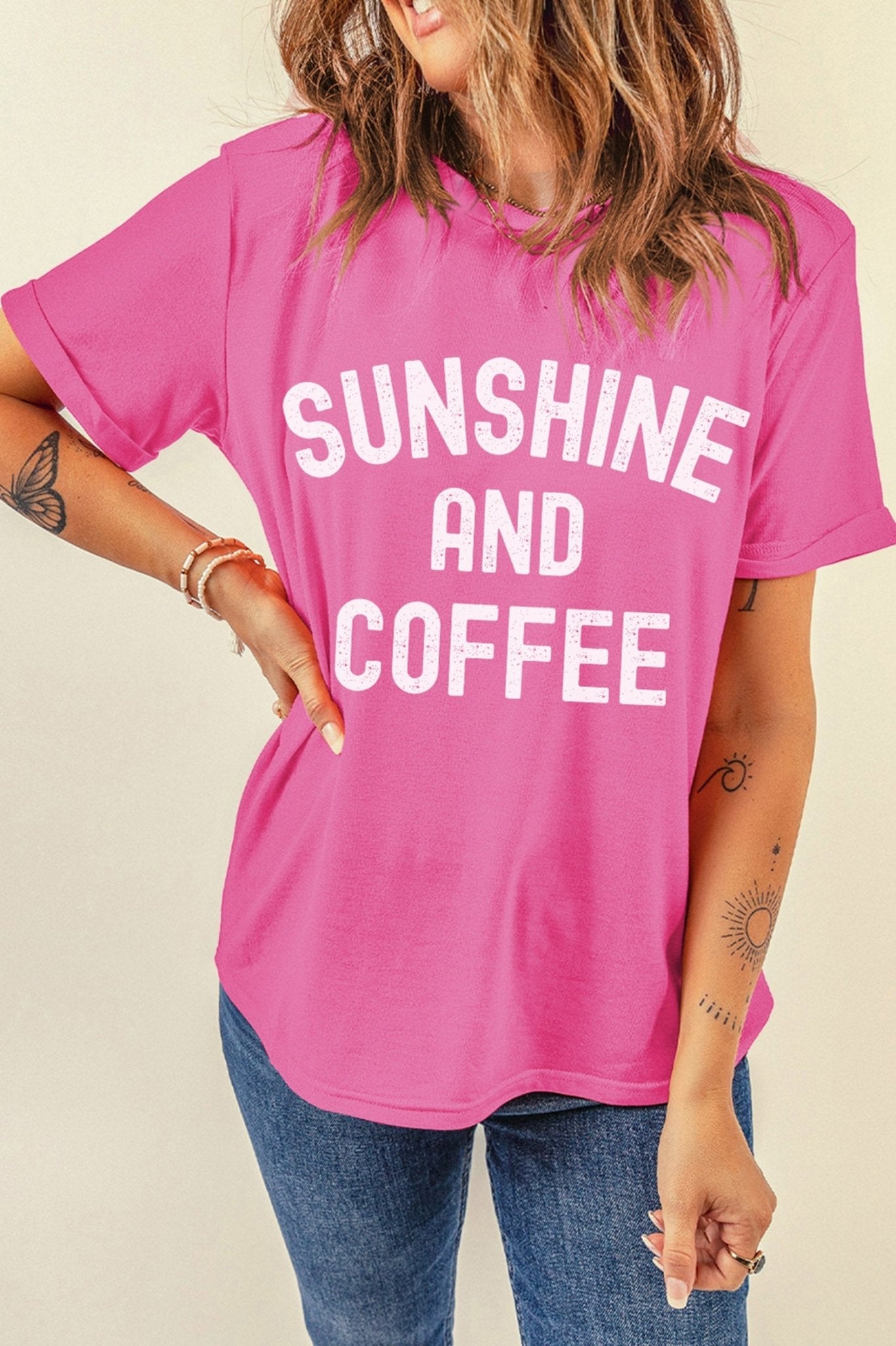 Sachet Pink SUNSHINE AND COFFEE Summer Beachwear Graphic Tee - Loving It Shop