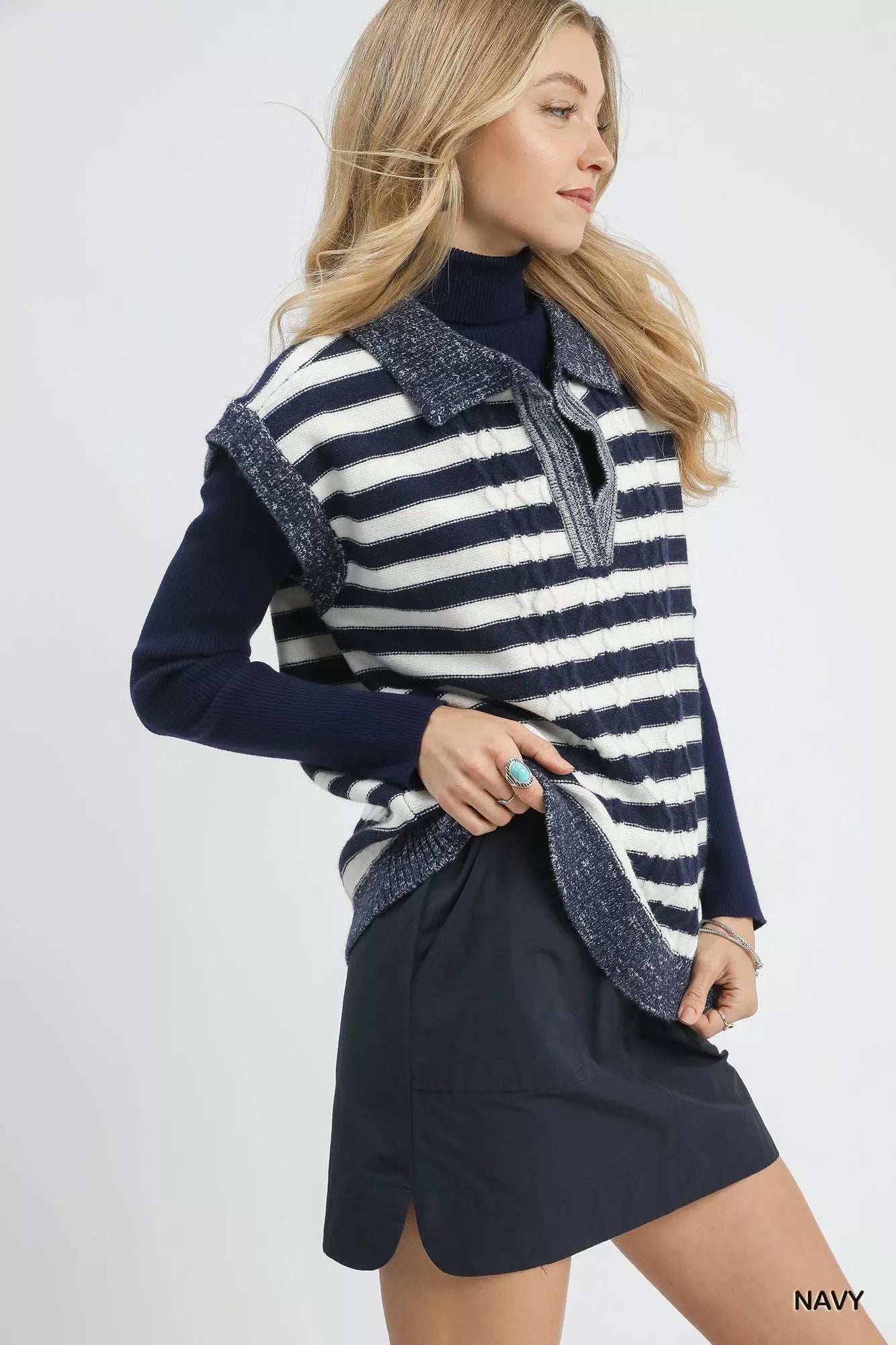 Cable Knit Collared Striped Vest Sweater
