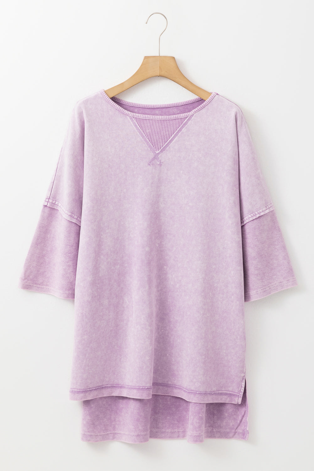 Strawberry Pink Mineral Wash Drop Sleeve Patchwork Plus Size Tee
