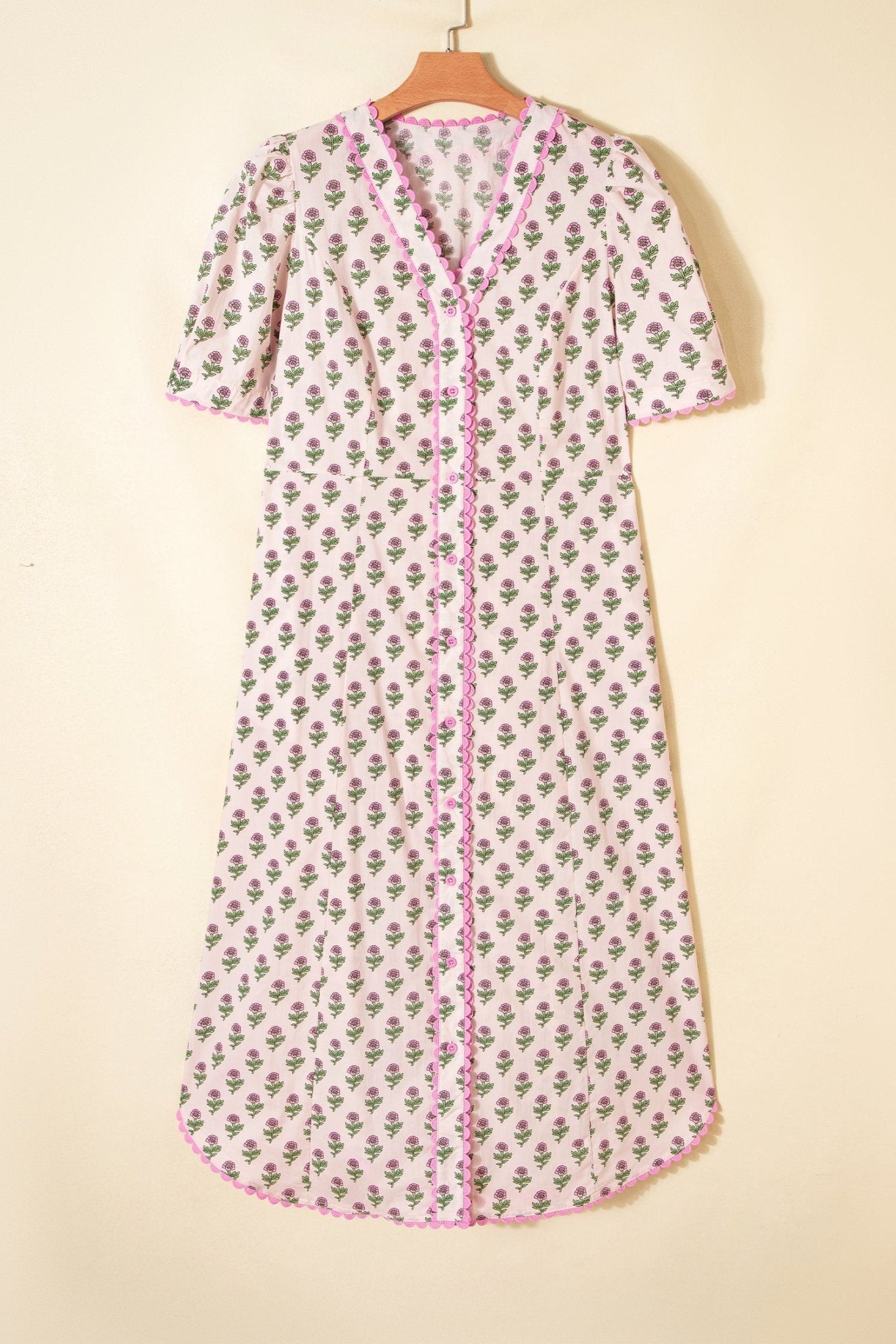 Pink Floral Print V Neck Scallop Trim Button Front Short Sleeve Long Dress - Loving It Shop