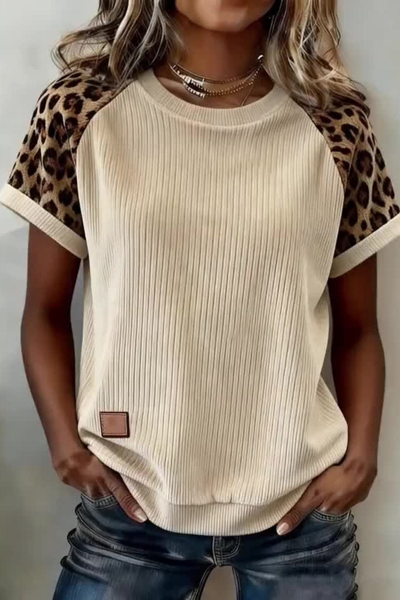 Apricot Ribbed Color Block Leopard Contrast Sleeve Loose Tee - Loving It Shop