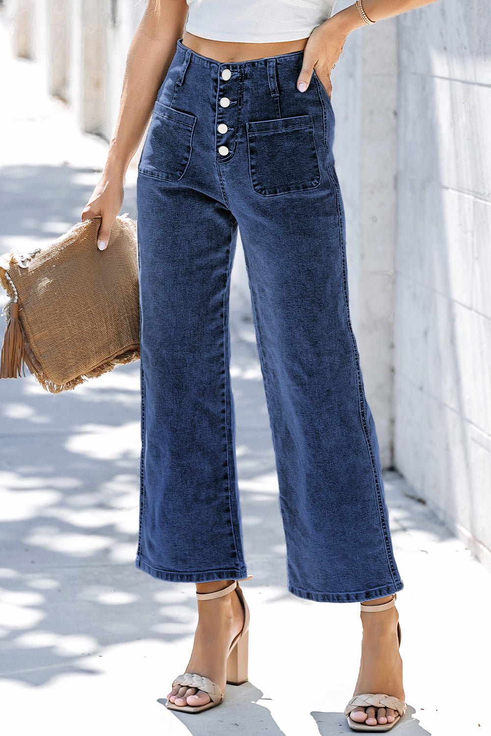 Sail Blue High Waist Button Front Wide Leg Cropped Jeans - Loving It Shop