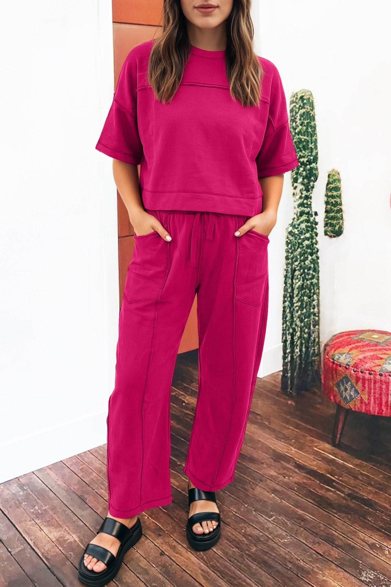 Rose Red Drop Shoulder Boxy Tee and Barrel Pants Set - Loving It Shop