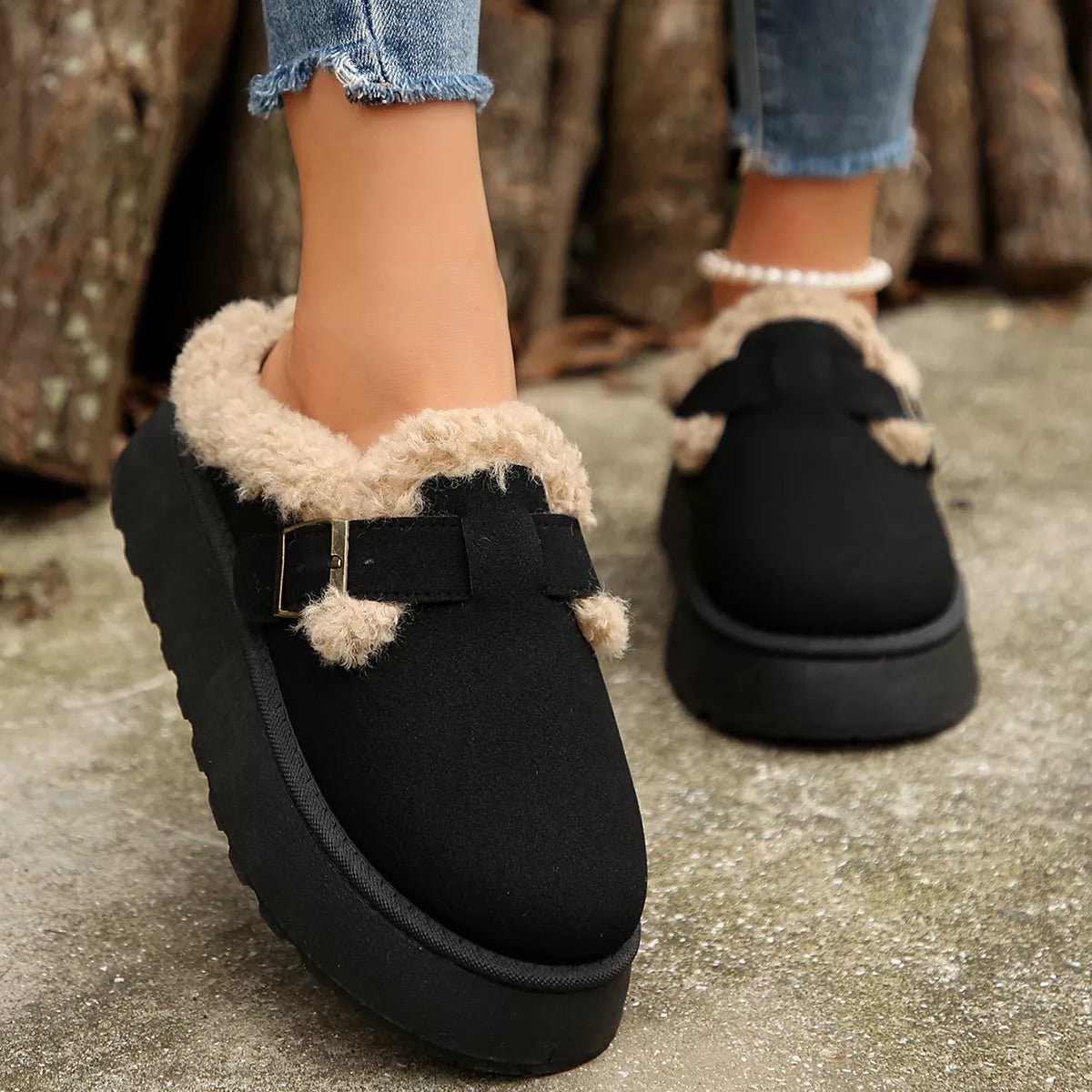 Fuzzy Trim Buckle Platform Slippers - Loving It Shop