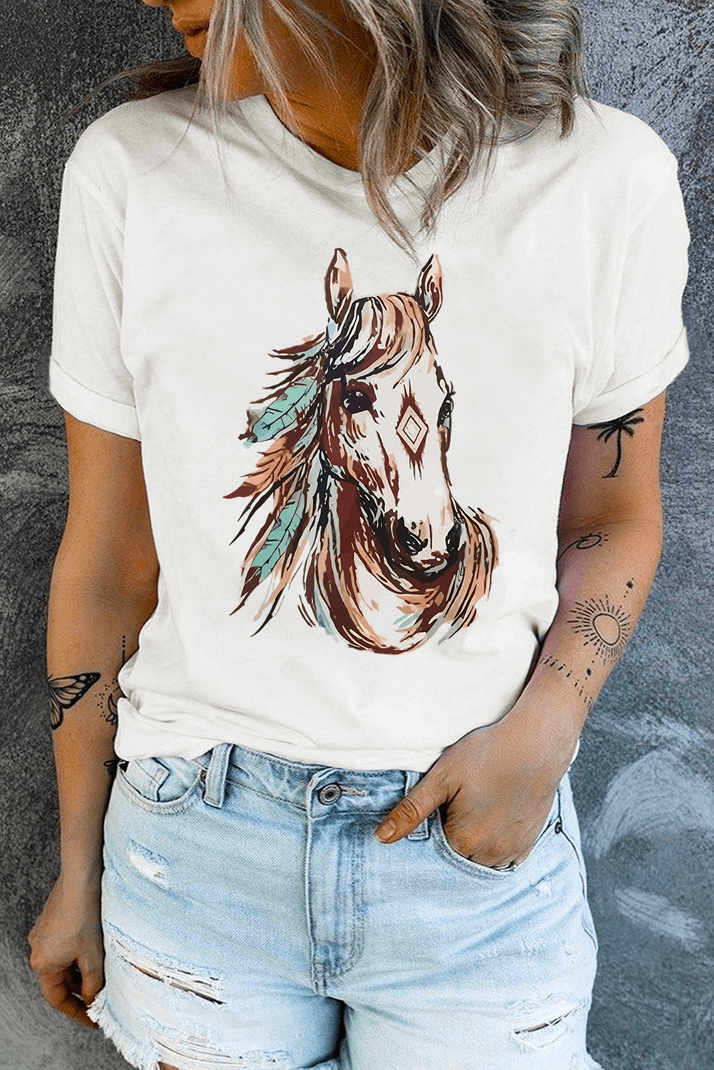 White Western Aztec Horse Graphic Crewneck Tee - Loving It Shop