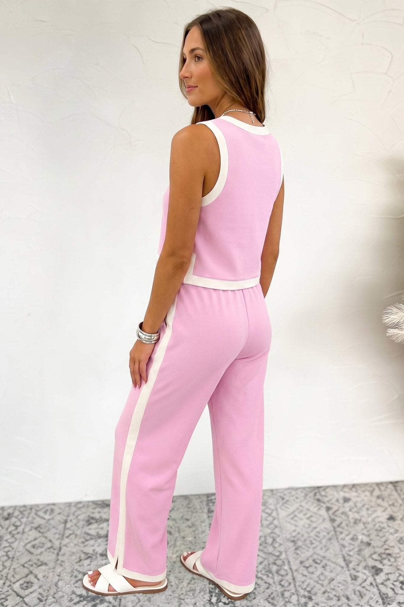 Pink Colorblock Trim Cropped Tank Elastic Waist Shift Pants 2pcs Set - Loving It Shop
