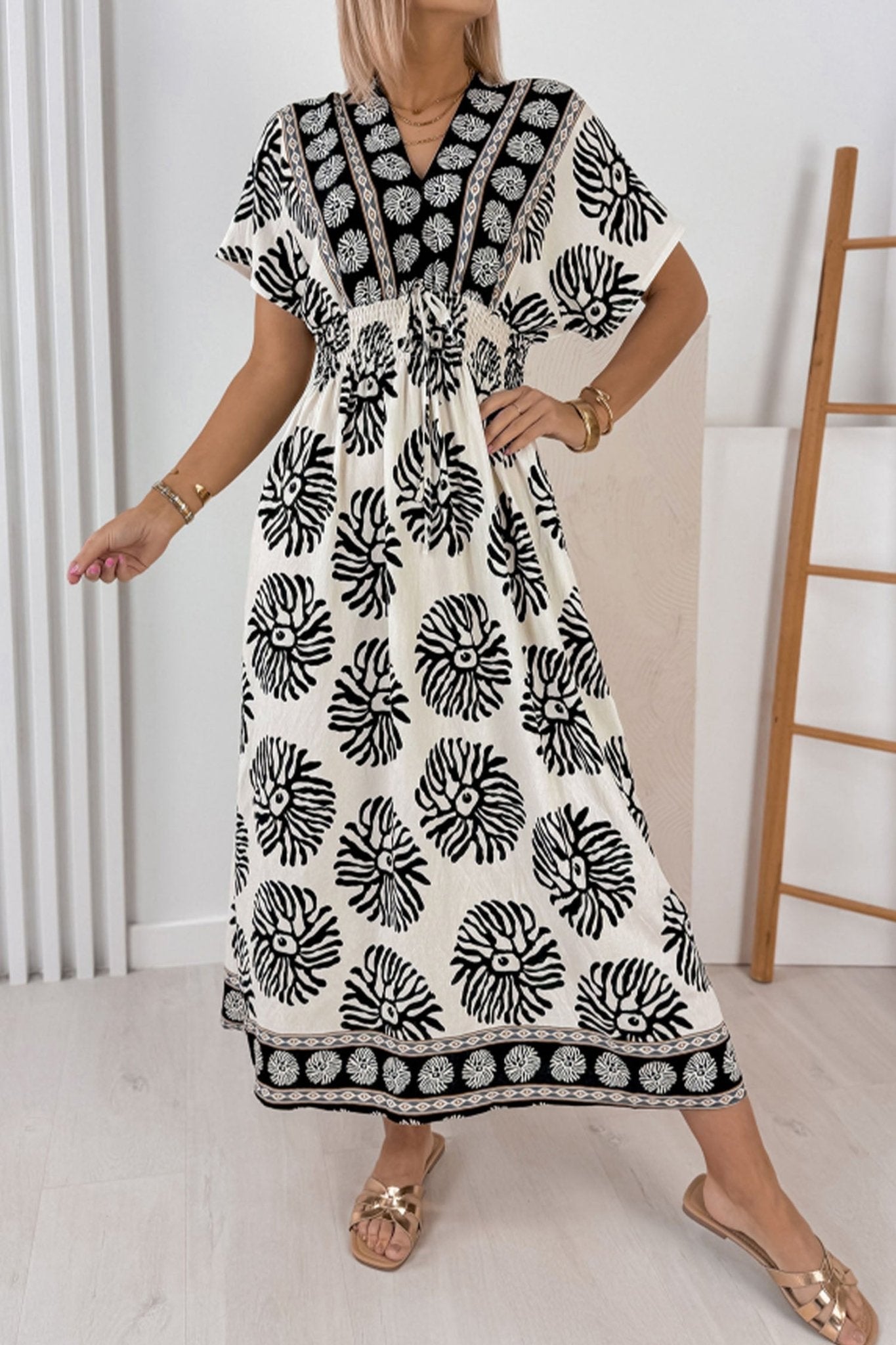 Blue Boho Floral Print Contrast Patchwork V Neck Dolman Maxi Dress - Loving It Shop