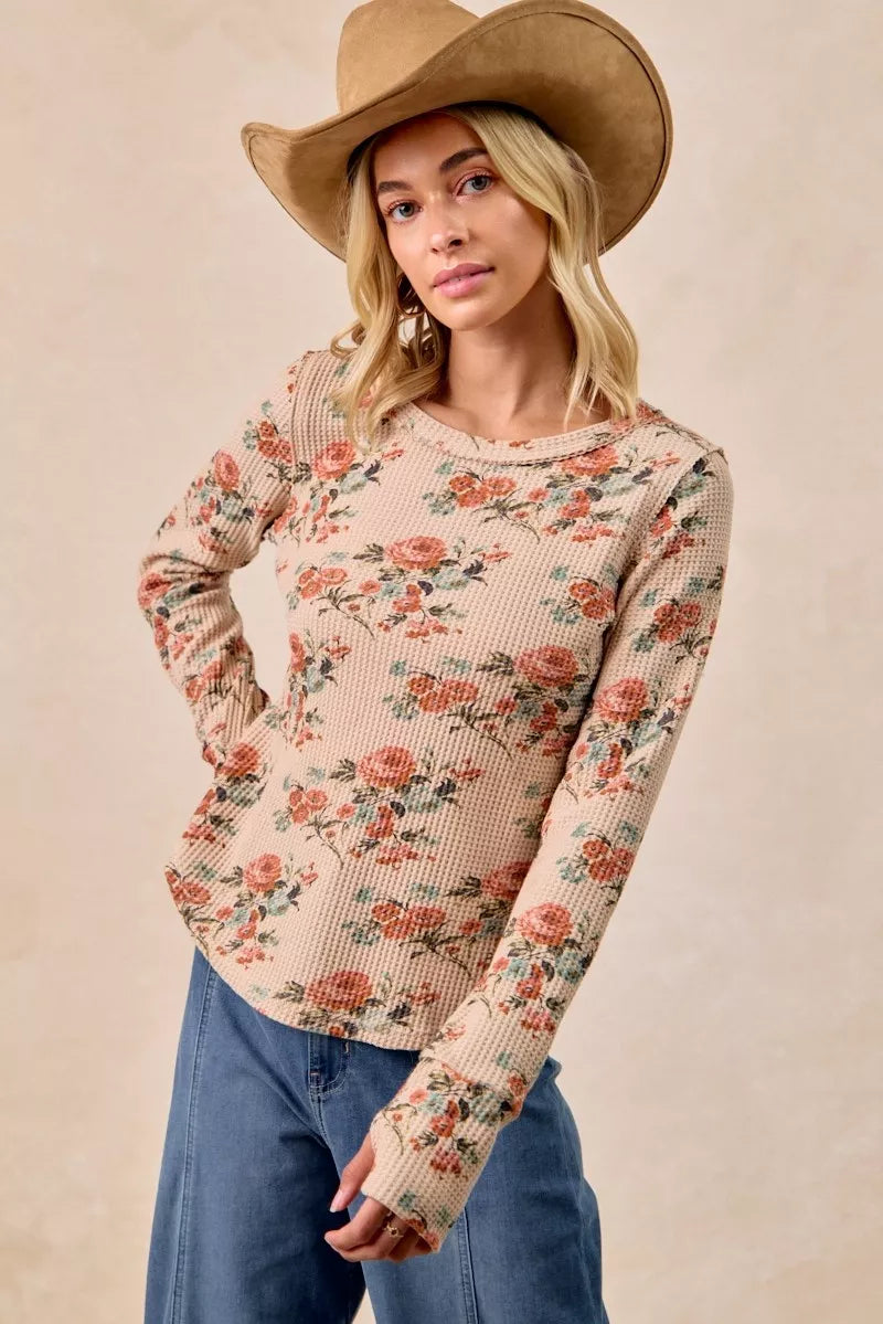 Floral Print Washed Waffle Thermal Top with Thumb